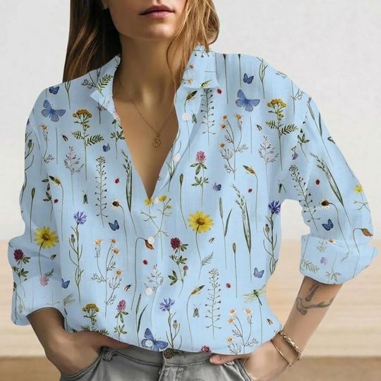 Discover Flower Women's Blouse, Botanical Floral Shirt, Garden-Inspired Top, Nature Print Shirt