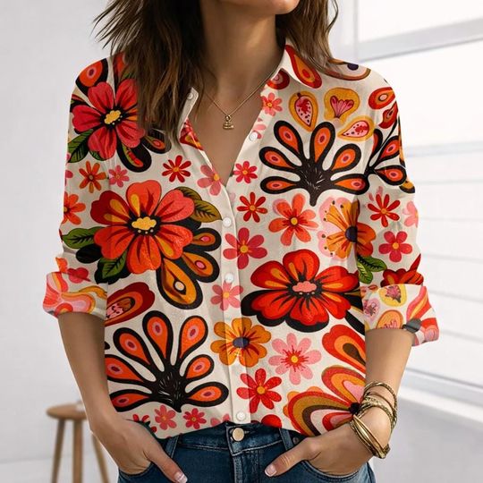 Discover Retro Floral Women’s Blouse with Button-Down Style