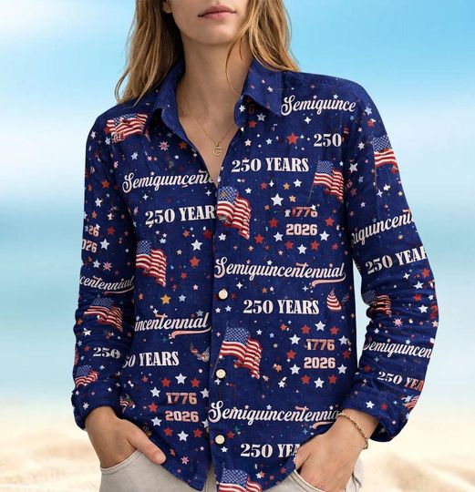 Discover USA Anniversary Blouse, Semiquincentennial Women’s Shirt, Retro American Flag 1776 Casual Top, 4th of July Women's Blouse