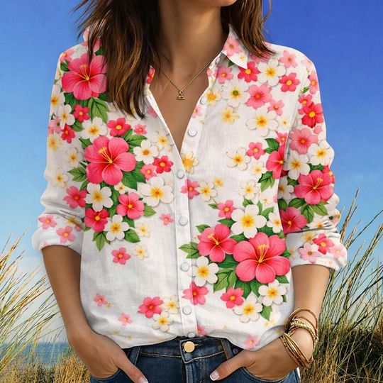 Discover Colorful Floral  Blouse Shirt for Women, Boho Beach Flower Print Top, Lightweight Spring Summer Vacation Top