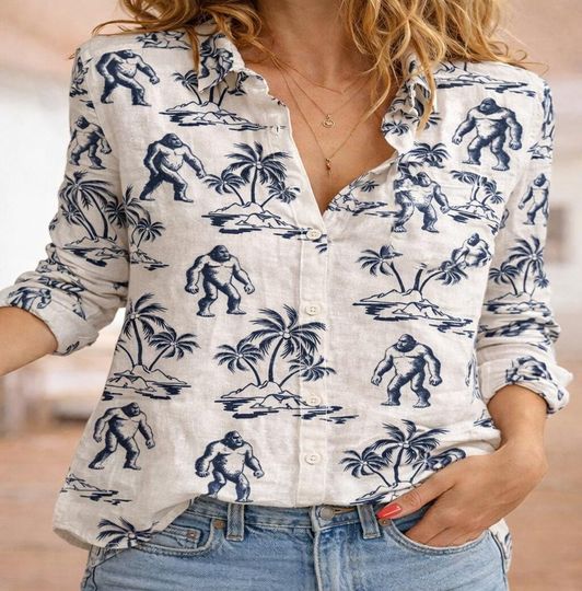 Discover Bigfoot Summer Blouse Shirt, Funny Sasquatch Women’s Top, Mountain Camping Shirt for Men and Women