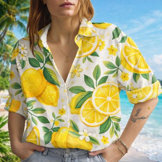 Lemon Floral Women’s Blouse, Blue and Yellow Mediterranean Shirt, Italian Fruit Print Shirt for Summer
