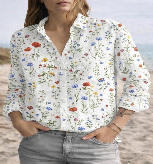 Discover Vintage Flower Blouse, Rose Garden Casual Shirt, Cottagecore Look Top, Flower Lover Floral Shirt, Nature-Inspired Garden Blouse