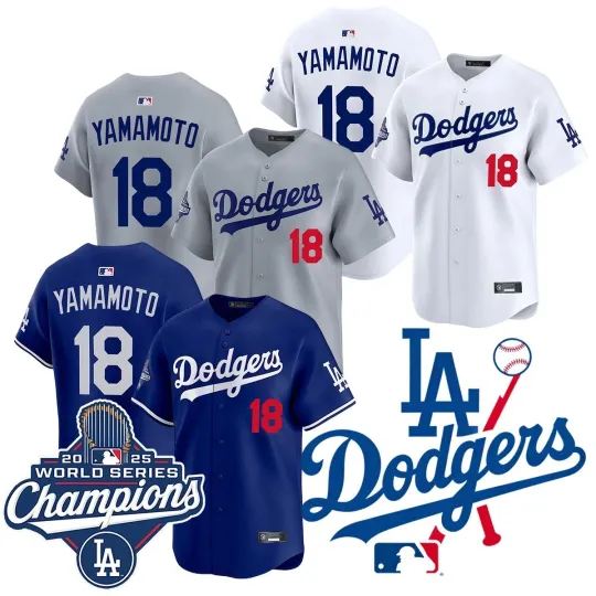 Discover 男子道奇队 #18Yoshinobu Yamamoto 2025 世界系列冠军缝制球衣-