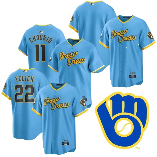 Discover 男子/青少年 Brewers Blue City Connect 限量球员球衣缝制球衣-