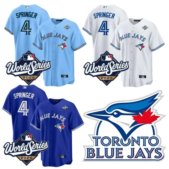 Discover 全新带标签男式 Blue Jays #4George Springer 2025 世界系列缝制球衣 S-3XL-