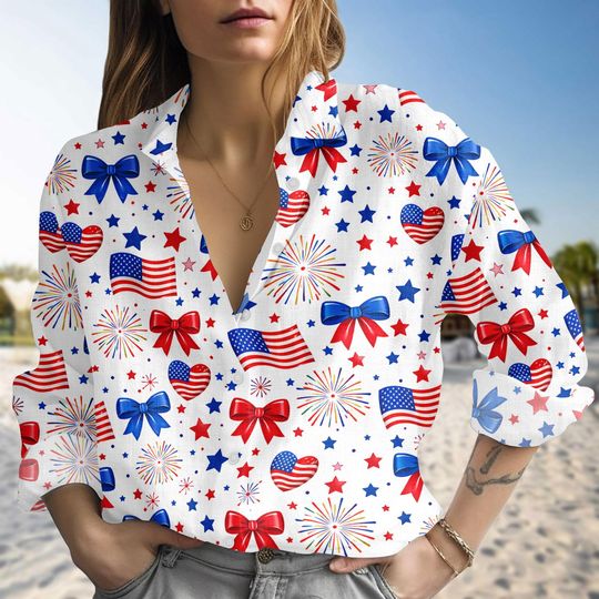 Discover Coquette USA Anniversary Blouse Women’s American Flag 1776 Red White Blue Shirt