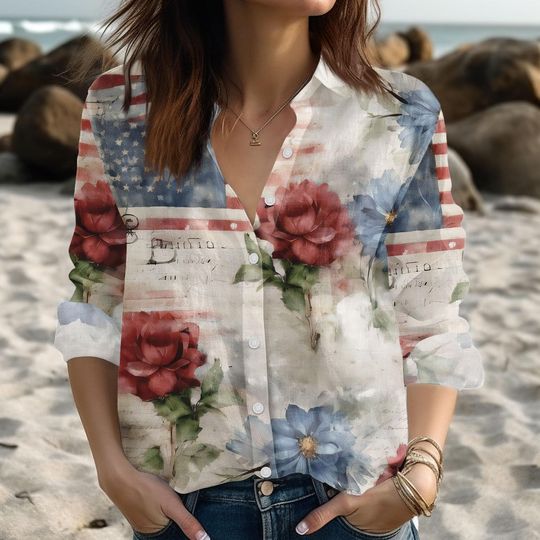 Discover USA Floral Women's Blouse with American Flag Design for 4th of July Red White Blue Button Shirt