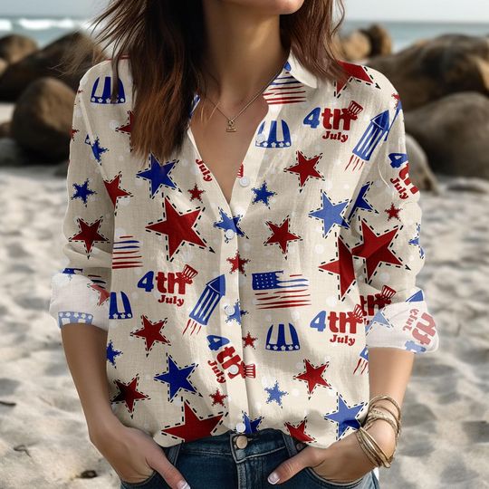 Discover Women’s 4th of July Patriotic American Flag Button-Up Blouse