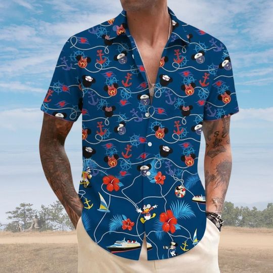 Discover Disney Nautical Hawaiian Shirt with Mickey, Minnie, and Donald Button-up for Men