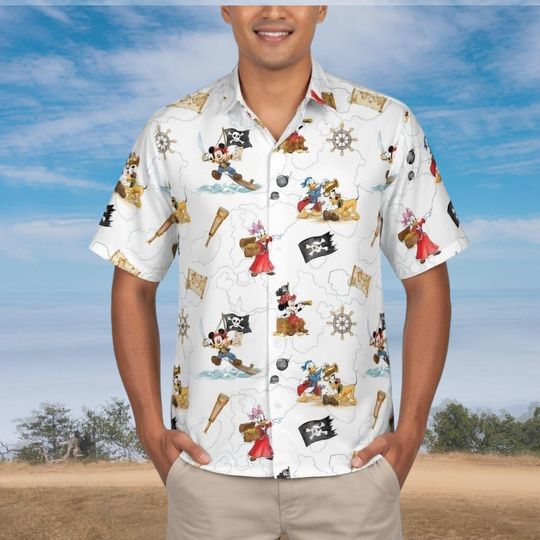 Discover Disney Pirate Mickey and Friends Hawaiian Shirt, Minnie Goofy Donald Daisy Pluto Pirate Cruise Button Shirt, Pirate Disney Trip Button Tee