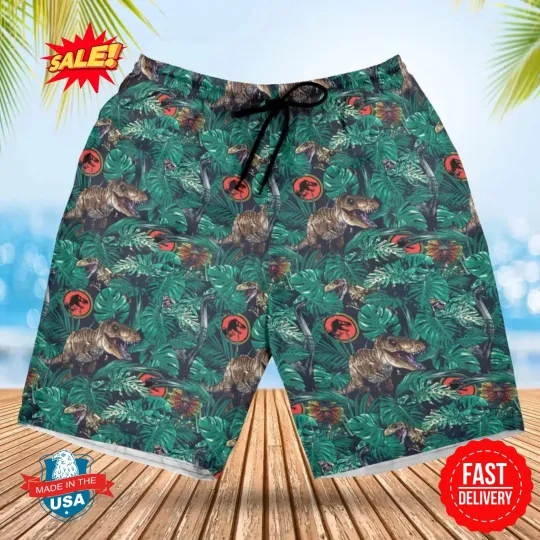 Discover Dinosaurs Tropical Jurassic Park Beach Shorts