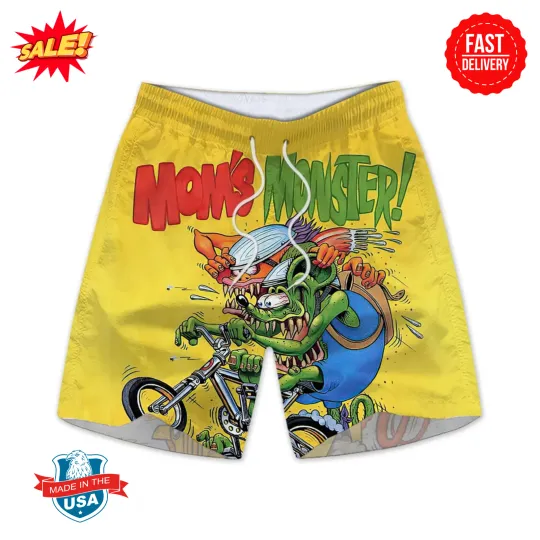 Discover RatFink Beach Shorts, Retro Hot Rod Monster Style with Flames and Crazy Vibes