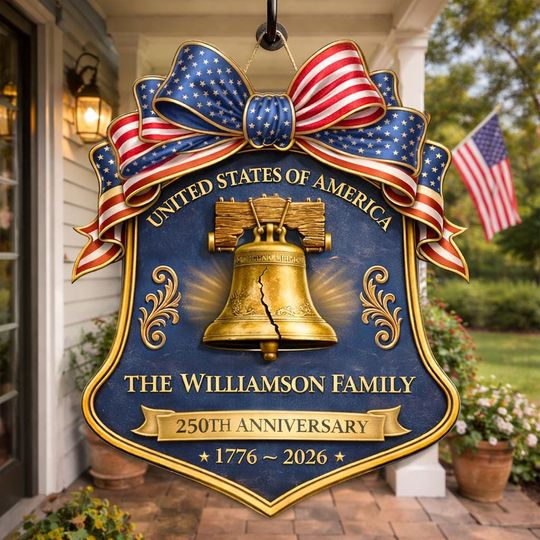 Discover Personalized Family Name 250th Anniversary Liberty Bell Door Hanger, USA 250th Anniversary Wooden Liberty Bell Sign: Patriotic Door Hanger