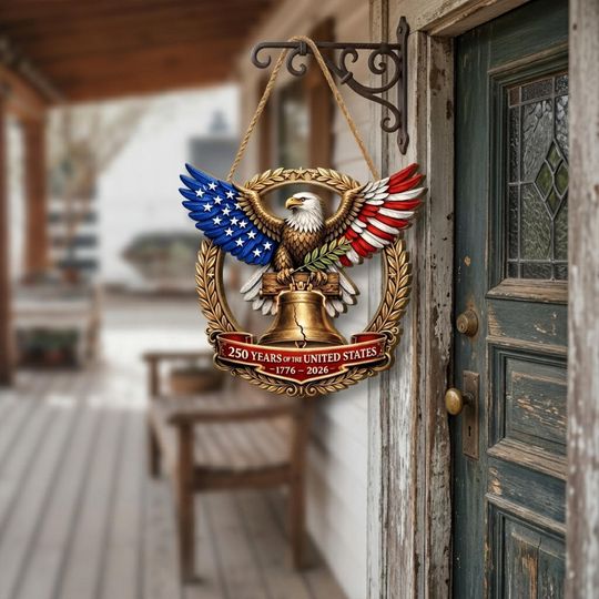 Patriotic 250th Anniversary Door Hanger, American Eagle Liberty Bell Decor, 1776-2026 USA Sign, Independence Day Wreath Gift Outdoor