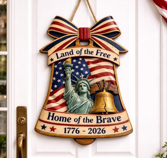 USA 250th Anniversary Wooden Liberty Bell Sign, Patriotic Door Hanger, Independence Day Gift, American History Sign, 1776-2026 Decor