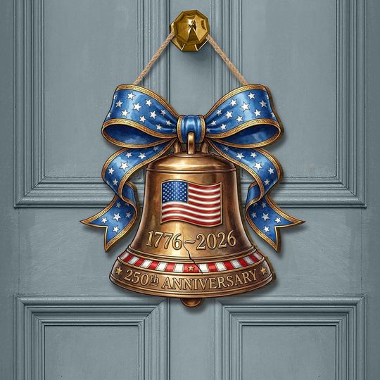 Discover America's 250th Anniversary Wooden Door Hanger: Liberty Bell Sign, Patriotic Porch Decor