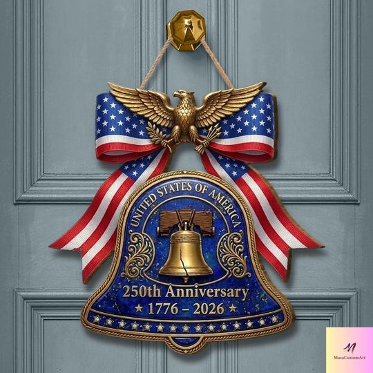 USA 250th Anniversary Wooden Liberty Bell Sign: Patriotic Door Hanger, 1776-2026 Decor, Independence Day Wall Art, Veteran Gift