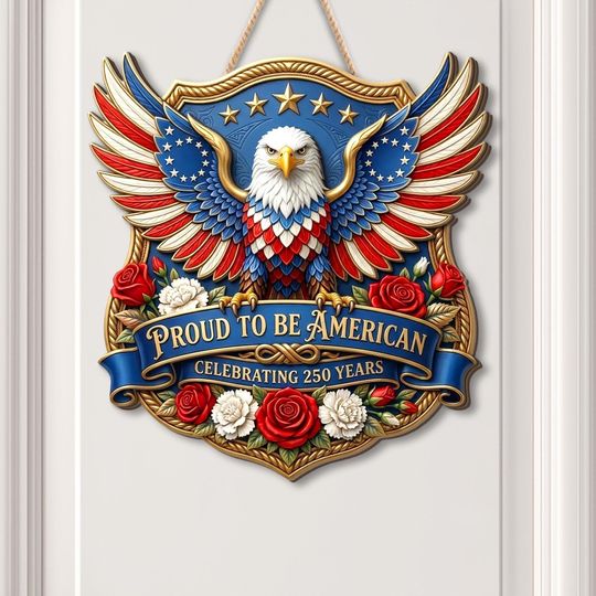 Discover Wooden USA 250th Anniversary Door Sign: 250 Years of Freedom, Patriotic Eagle Door Hanging Decor, American Poppy Flowers Wall Sign