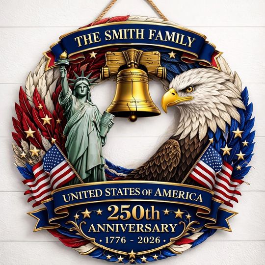 Customized USA 250th Anniversary Wooden Liberty Bell Eagle Sign: Patriotic Door Hanger, 1776-2026 Home Decor, Outdoor Decor