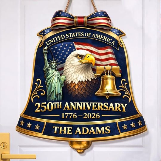 Discover Personalized 4th of July Door Sign with Family Name, USA 250th Anniversary Wooden Liberty Bell Sign, Patriotic Door Hanger, 1776-2026 Decor