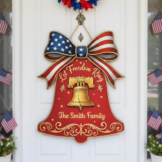 Discover Personalized Liberty Bell Door Hanger, USA 250th Anniversary Commemorative Gift, 4th Of July Front Door Decor, Patriotic Custom Wooden Sign