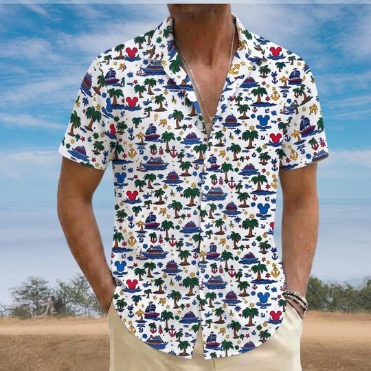 Discover Disney Cruise Hawaiian Shirt for Men, Tropical Summer Button-up, Palm Tree and Anchor Vacation Top