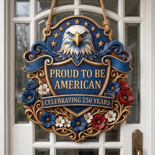 Discover 250th Anniversary US Independence Day Wood Sign, Proud to Be American Door Hanger,Patriotic Eagle Wall Art,Americas Semiquincentennial Gift