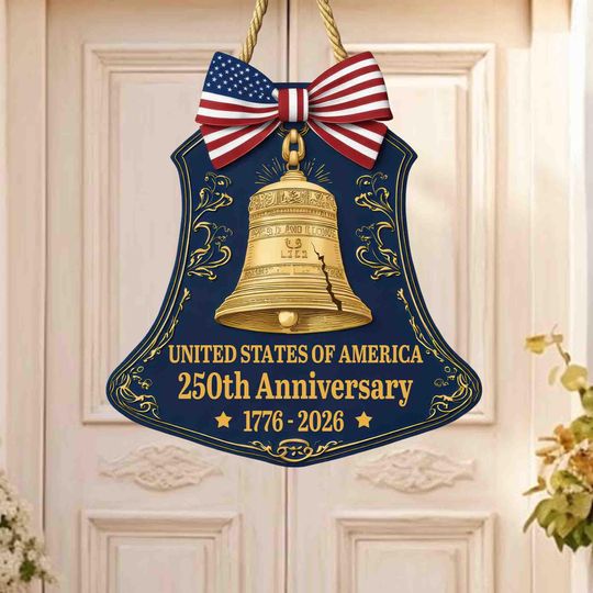 Discover USA 250th Anniversary Wooden Liberty Bell Sign, Patriotic Wall Decor, Fourth of July Door Hanger Gift, American Flag Wall Sign