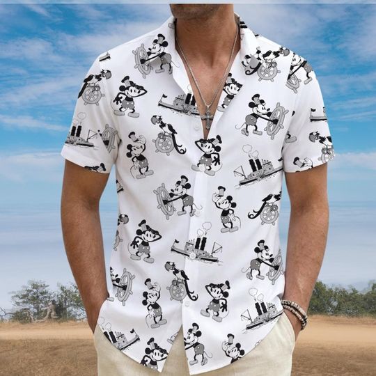 Discover Vintage Mickey Mouse Steamboat Willie Hawaiian Shirt, Disney 1928 Button Shirt, Disneyland Vacation Clothing