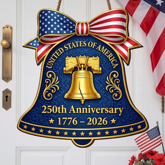 Discover USA 250th Anniversary Wooden Liberty Bell Sign, 17762026 Patriotic Wood Door Sign, American 250 Wall Decor Sign