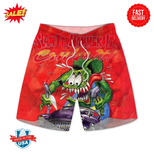 Discover RatFink Beach Shorts, Bold Lowbrow Art, Racing Flames &; Kustom Look