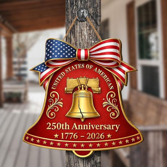 Discover USA 250th Anniversary Liberty Bell Wooden Door Sign, Patriotic Door Hanger, 1776-2026 Decor Home, American Flag Bow Door Sign Wall Hanging