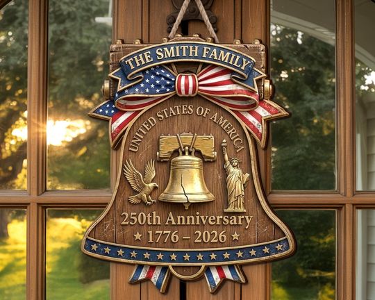 250th Anniversary Door Signs, USA Wooden Liberty Bell Sign, Patriotic Door Hanger