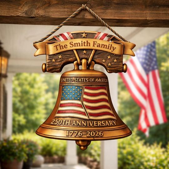 Discover Personalized America 250th Anniversary Wood Sign, Liberty Bell Door Hanger, 17762026 USA Independence Decor, 3D Effect Plaque Gift