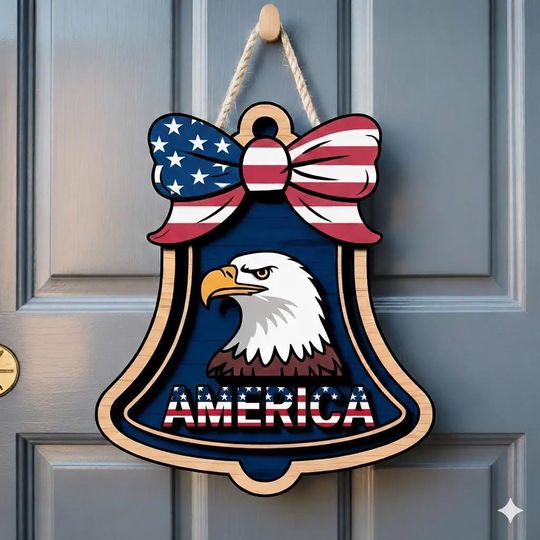 Discover USA 250th Anniversary Wooden Liberty Bell Sign: Patriotic Door Hanger, 1776-2026 Decor