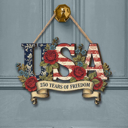 Discover USA 250th Anniversary Wooden Sign, Patriotic Door Hanging Decor, American Flag Floral Wall Sign