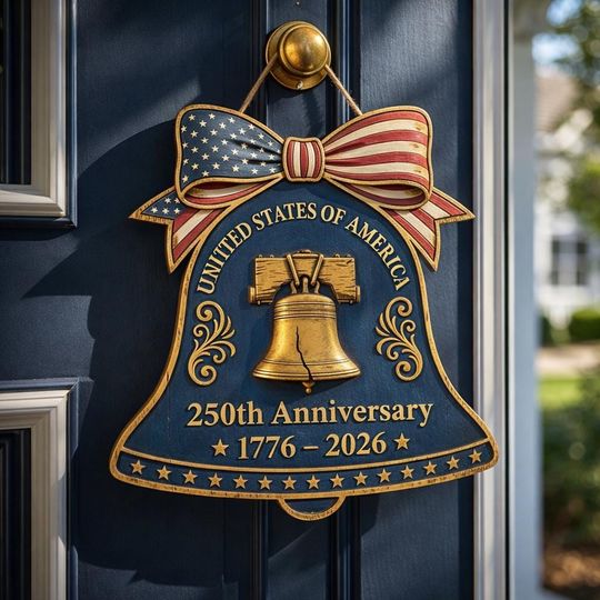 Discover Patriotic Liberty Bell Door Hanger, USA 250th Anniversary Wood Sign