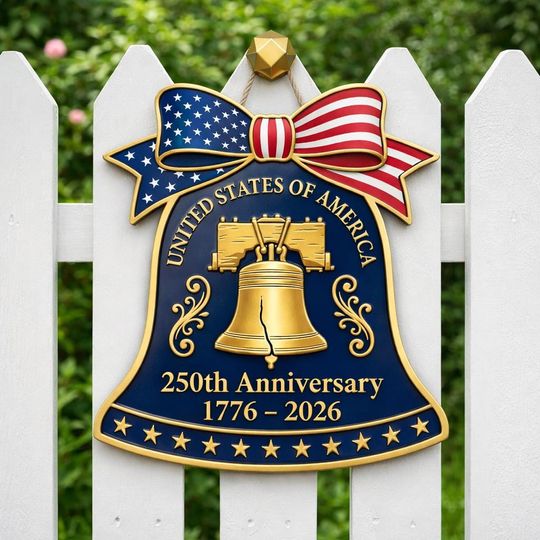 Discover USA 250th Anniversary Liberty Bell Door Hanger, Patriotic Wooden Sign 1776-2026, American Independence Wall Decor