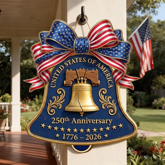 USA 250th Anniversary Wooden Liberty Bell Sign: 1776-2026 Decor, Patriotic Door Hanger