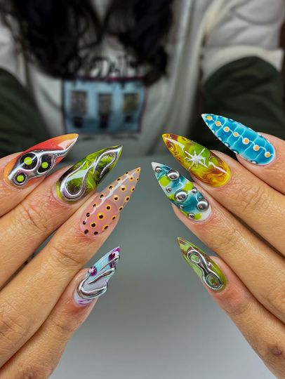 Abstract Swirl Press On Nails, Multicolor Gel Art Nails, Artistic Long Stiletto Statement Nails, Gothic nails