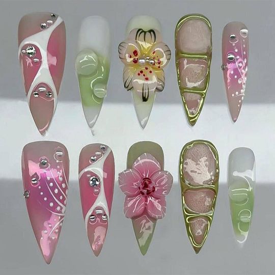 Pink Green Tropical Press On Nails | 3D Flowers, Jelly Texture & Gold Frame | Long Stiletto Nails for Vacation or Summer Gift