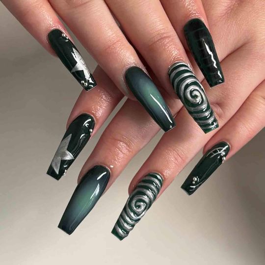Dark Green Press On Nails | 3D Spiral Swirls, Silver Stars & Geometric Accents With Gradient Shine | Coffin Nails For Gothic Vibe