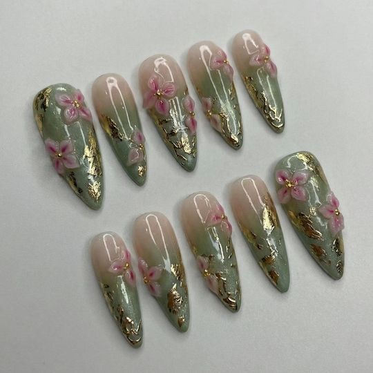 Luxury Sage Green Press On Nails: 3D Pink Floral Gold Foil Reusable Stiletto Set