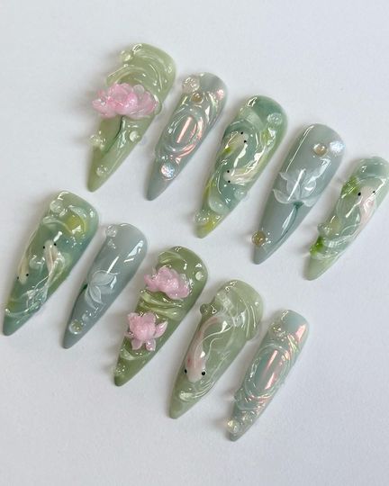 Lucky Summer Green Stylish  Flower Nails, Wedding Nails , Hand painted Gel Nails, Floral Nails, Christmas nails, Almond Press On Nail, Gift