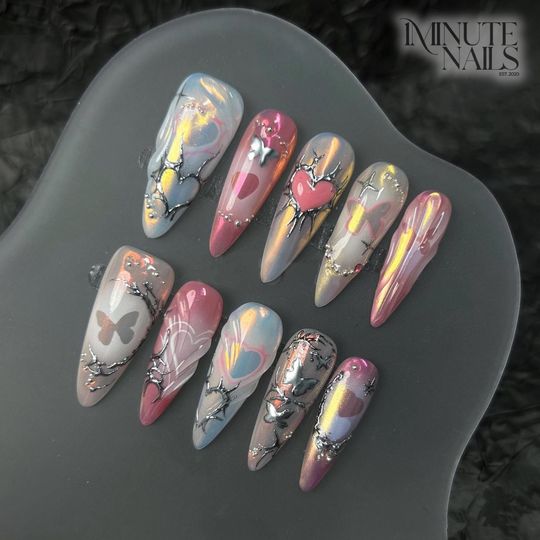 Bold Iridescent Stiletto Press-On Nails with Silver Chrome Spikes, 3D Hearts and Butterflies, Edgy Alien Style, Statement Set