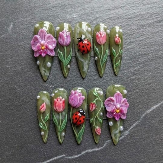 Green Floral Press On Nails with 3D Flowers Ladybug Fairy Garden Style Nails