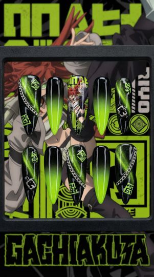 Neon Green Black Ombre Anime Press On Nails | Cyberpunk Cat Eye Stiletto Fake Nails 3D Silver Chain Grunge