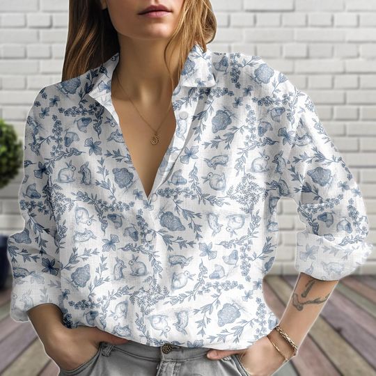 Discover Blue Toile Linen-Look Women's Blouse, Vintage Floral Bunny Top, French Cottagecore Shirt, Whimsical Nature Blouse