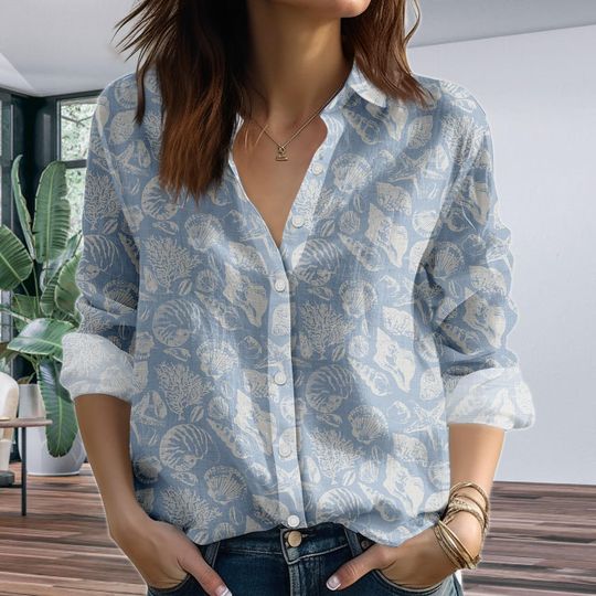 Discover Blue Ocean Print Blouse Shirt for Women, Coastal Summer Linen-Look Beach Top